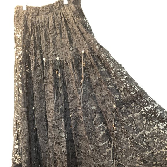 black lace tiered skirt with leather and bead ties one size great condition - Picture 1 of 8